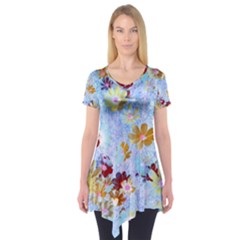 Cosmos Flowers Ligh Blue Short Sleeve Tunic  by DinkovaArt