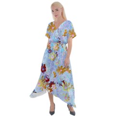 Cosmos Flowers Ligh Blue Cross Front Sharkbite Hem Maxi Dress