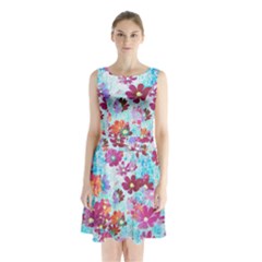 Cosmos Flowers Sleeveless Waist Tie Chiffon Dress