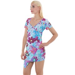 Cosmos Flowers Short Sleeve Asymmetric Mini Dress