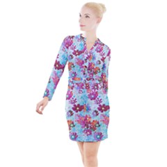 Cosmos Flowers Button Long Sleeve Dress by DinkovaArt