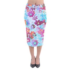 Cosmos Flowers Velvet Midi Pencil Skirt