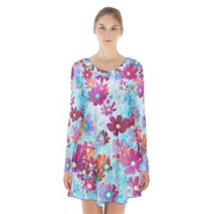 Cosmos Flowers Long Sleeve Velvet V-neck Dress