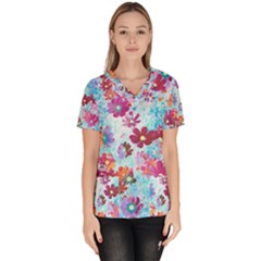 Cosmos Flowers Women s V-neck Scrub Top by DinkovaArt