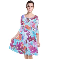 Cosmos Flowers Quarter Sleeve Waist Band Dress