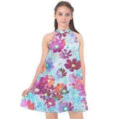 Cosmos Flowers Halter Neckline Chiffon Dress  by DinkovaArt