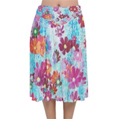 Cosmos Flowers Velvet Flared Midi Skirt