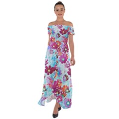 Cosmos Flowers Off Shoulder Open Front Chiffon Dress