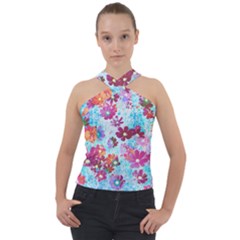 Cosmos Flowers Cross Neck Velour Top