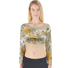 Cosmos Flowers Sepia Color Long Sleeve Crop Top by DinkovaArt