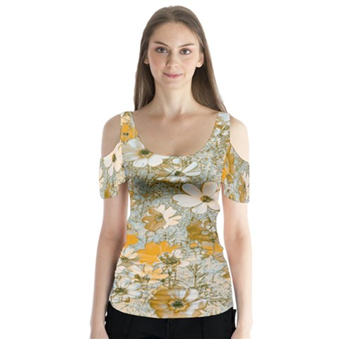 Cosmos Flowers Sepia Color Butterfly Sleeve Cutout Tee  by DinkovaArt