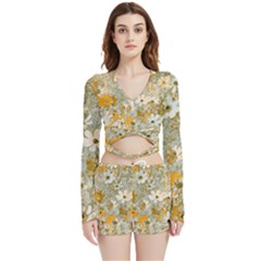 Cosmos Flowers Sepia Color Velvet Wrap Crop Top by DinkovaArt