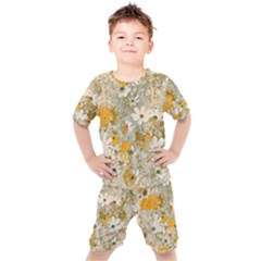 Cosmos Flowers Sepia Color Kids  Tee And Shorts Set by DinkovaArt