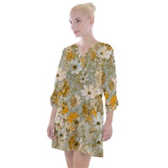 Cosmos Flowers Sepia Color Open Neck Shift Dress