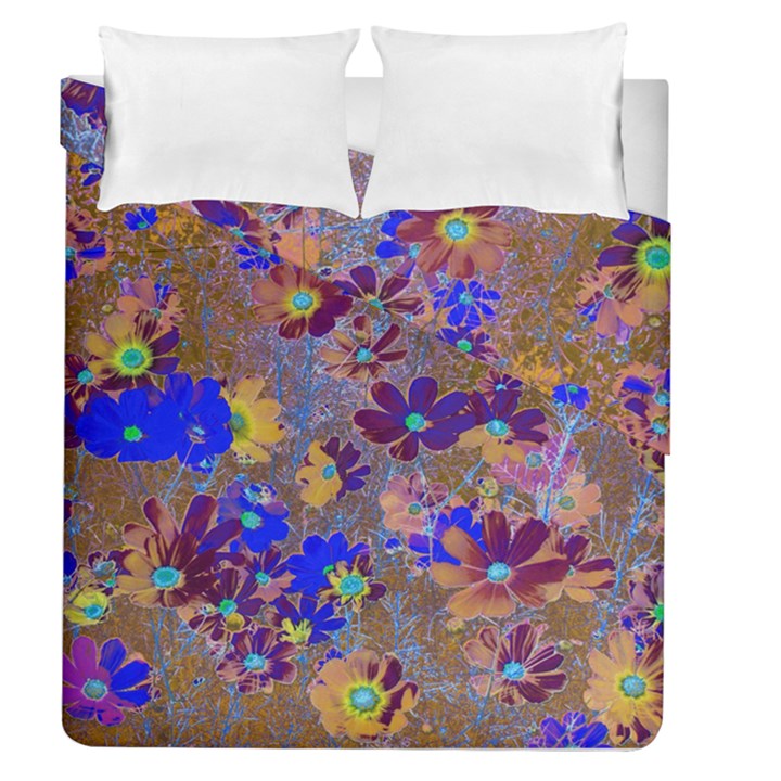 Cosmos Flowers Brown Blue Duvet Cover Double Side (Queen Size)