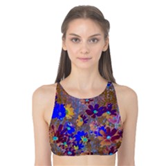 Cosmos Flowers Brown Blue Tank Bikini Top by DinkovaArt