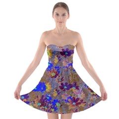 Cosmos Flowers Brown Blue Strapless Bra Top Dress by DinkovaArt