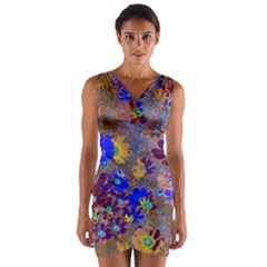 Cosmos Flowers Brown Blue Wrap Front Bodycon Dress by DinkovaArt