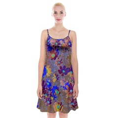 Cosmos Flowers Brown Blue Spaghetti Strap Velvet Dress by DinkovaArt