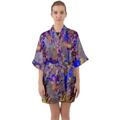 Cosmos Flowers Brown Blue Half Sleeve Satin Kimono  by DinkovaArt