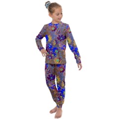 Cosmos Flowers Brown Blue Kids  Long Sleeve Set  by DinkovaArt