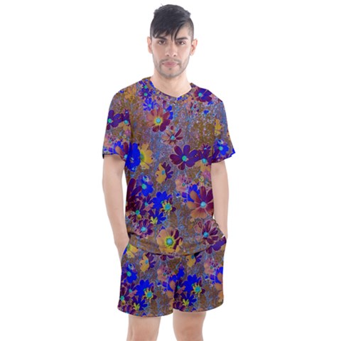 Cosmos Flowers Brown Blue Men s Mesh Tee And Shorts Set by DinkovaArt