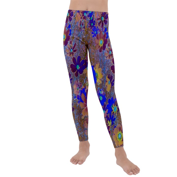 Cosmos Flowers Brown Blue Kids  Lightweight Velour Leggings