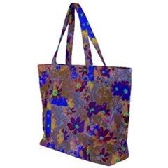 Cosmos Flowers Brown Blue Zip Up Canvas Bag by DinkovaArt