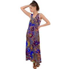 Cosmos Flowers Brown Blue V-neck Chiffon Maxi Dress by DinkovaArt