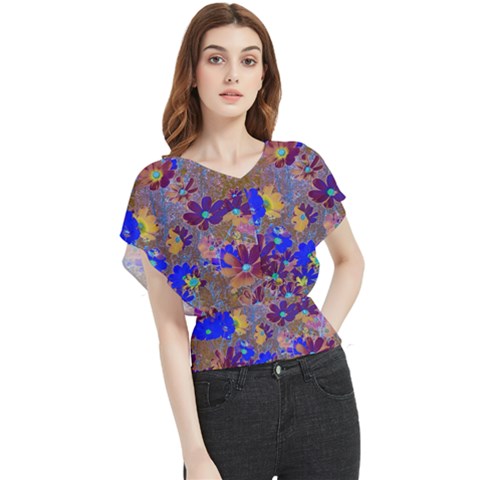 Cosmos Flowers Brown Blue Butterfly Chiffon Blouse by DinkovaArt