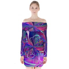 Rainbow Painting Pattern 2 Long Sleeve Off Shoulder Dress by DinkovaArt