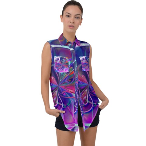 Rainbow Painting Pattern 2 Sleeveless Chiffon Button Shirt by DinkovaArt