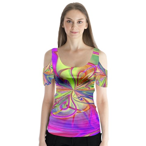 Rainbow Painting Pattern 4 Butterfly Sleeve Cutout Tee  by DinkovaArt