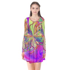 Rainbow Painting Pattern 4 Long Sleeve V-neck Flare Dress by DinkovaArt