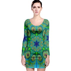 Peacock Mandala Kaleidoscope Arabesque Pattern Long Sleeve Bodycon Dress by SpinnyChairDesigns