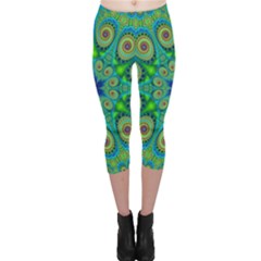 Peacock Mandala Kaleidoscope Arabesque Pattern Capri Leggings  by SpinnyChairDesigns