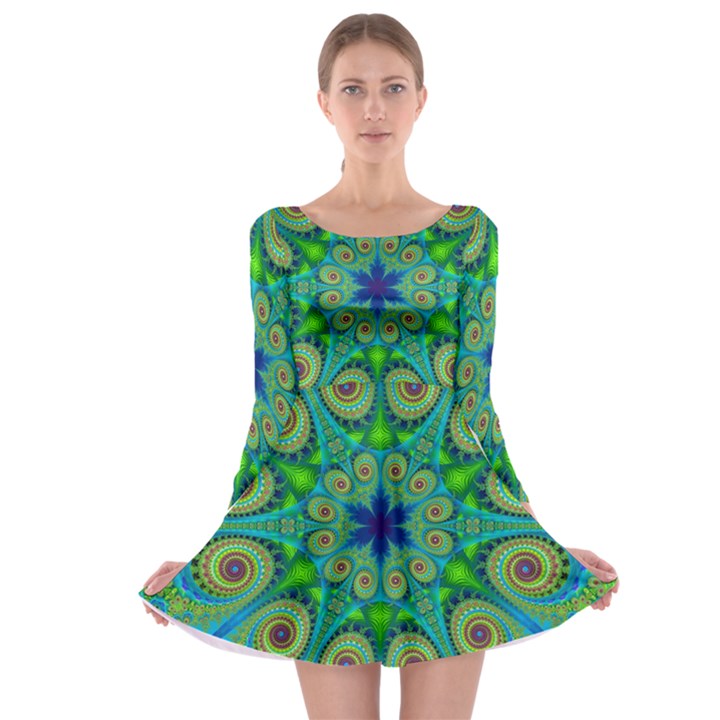 Peacock Mandala Kaleidoscope Arabesque Pattern Long Sleeve Skater Dress