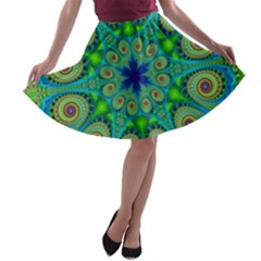 Peacock Mandala Kaleidoscope Arabesque Pattern A-line Skater Skirt by SpinnyChairDesigns