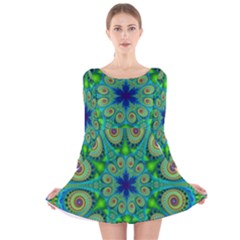 Peacock Mandala Kaleidoscope Arabesque Pattern Long Sleeve Velvet Skater Dress by SpinnyChairDesigns