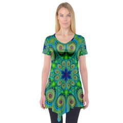 Peacock Mandala Kaleidoscope Arabesque Pattern Short Sleeve Tunic  by SpinnyChairDesigns