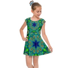 Peacock Mandala Kaleidoscope Arabesque Pattern Kids  Cap Sleeve Dress by SpinnyChairDesigns