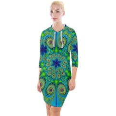 Peacock Mandala Kaleidoscope Arabesque Pattern Quarter Sleeve Hood Bodycon Dress by SpinnyChairDesigns