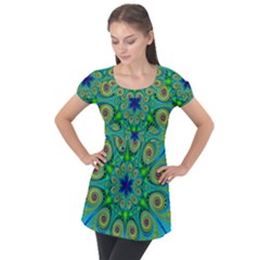 Peacock Mandala Kaleidoscope Arabesque Pattern Puff Sleeve Tunic Top by SpinnyChairDesigns