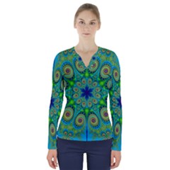 Peacock Mandala Kaleidoscope Arabesque Pattern V-neck Long Sleeve Top by SpinnyChairDesigns