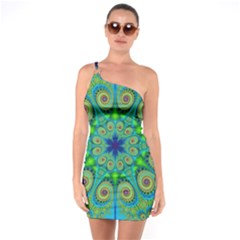 Peacock Mandala Kaleidoscope Arabesque Pattern One Soulder Bodycon Dress by SpinnyChairDesigns