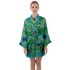 Peacock Mandala Kaleidoscope Arabesque Pattern Long Sleeve Satin Kimono by SpinnyChairDesigns