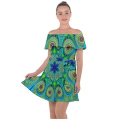 Peacock Mandala Kaleidoscope Arabesque Pattern Off Shoulder Velour Dress by SpinnyChairDesigns