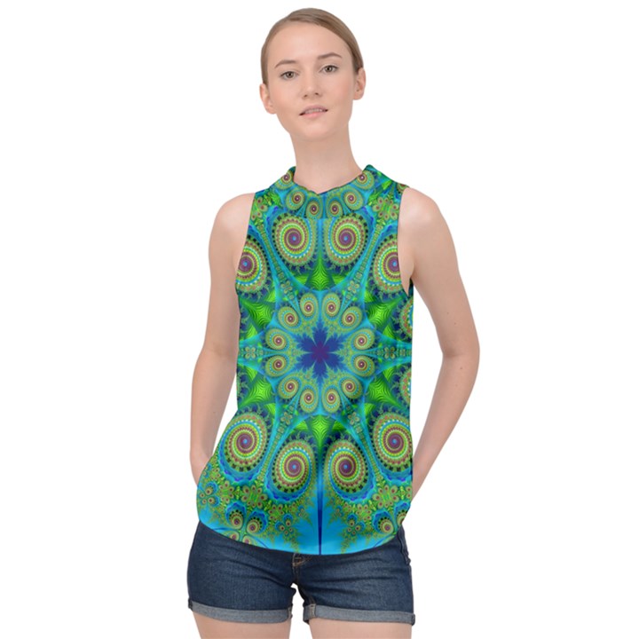 Peacock Mandala Kaleidoscope Arabesque Pattern High Neck Satin Top