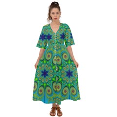 Peacock Mandala Kaleidoscope Arabesque Pattern Kimono Sleeve Boho Dress by SpinnyChairDesigns