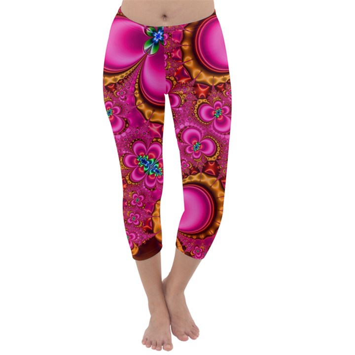 Abstract Pink Gold Floral Print Pattern Capri Winter Leggings 